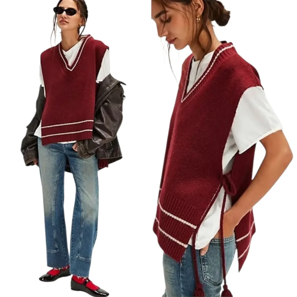Free People Burgandy V-Neck All-star Poncho Oversized Vest with Tassels